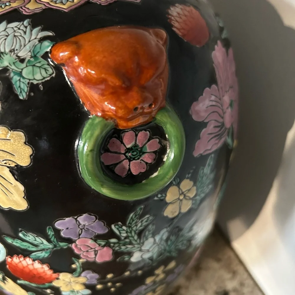 Chinese Famille Noir Foo Dog Ginger Jar with lid Vintage Chinoiserie decor MCM